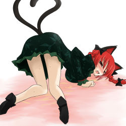 Rule 34 | 1girl, animal ears, blush, braid, cat ears, cat girl, cat tail, female focus, heart, heart tail, kaenbyou rin, oro (zetsubou girl), red eyes, red hair, solo, sweat, tail, top-down bottom-up, touhou