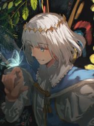 Rule 34 | 1boy, blue eyes, bug, butterfly, butterfly on hand, butterfly wings, crown, fate/grand order, fate (series), highres, insect, insect wings, male focus, nagashino ekache, oberon (fate), silver hair, smile, wings