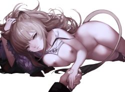 Rule 34 | 1girl, absurdres, animal ears, arknights, bare arms, bare shoulders, black nails, black panties, bottomless, bra strap, breasts, cleavage, commentary, cowboy shot, grey eyes, groin, hand on own head, has bad revision, has downscaled revision, highres, large breasts, lion ears, lion tail, long hair, looking at viewer, lying, md5 mismatch, mmmegh, nail polish, nipples, on side, panties, panties around leg, pov, resolution mismatch, siege (arknights), silver hair, simple background, solo focus, source smaller, strap slip, tail, tank top, thighs, transparent background, underwear, white background, white tank top