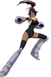 Rule 34 | 1girl, armored leotard, black leotard, bleach, bleach bankai battle, breasts, clenched hands, dark skin, dress, fighting stance, full body, high ponytail, highres, large breasts, leotard, looking at viewer, official art, purple dress, purple hair, shihouin yoruichi, sideboob, simple background, smile, wide hips, yellow eyes