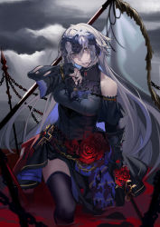 Rule 34 | 1girl, absurdres, alternate costume, bare shoulders, black dress, black sleeves, black thighhighs, blood, blood on face, breasts, chain, cloud, cloudy sky, commentary request, cross, detached sleeves, dress, fate/grand order, fate (series), fingernails, flag, flower, formal, grey hair, hair between eyes, headpiece, highres, hiro (hirohiro gorira), holding, holding sword, holding weapon, huge filesize, jeanne d&#039;arc (fate), jeanne d&#039;arc alter (avenger) (fate), jeanne d&#039;arc alter (fate), jewelry, large breasts, lips, long hair, looking at viewer, nail polish, outdoors, parted lips, polearm, pool of blood, purple nails, red flower, red rose, rose, sidelocks, sky, sleeveless, sleeveless dress, sleeves past wrists, solo, spear, sword, teeth, thighhighs, torn clothes, torn sleeves, very long hair, weapon, white flag, yellow eyes