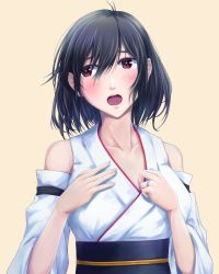 Rule 34 | 1girl, absurdres, black hair, breasts, collarbone, detached sleeves, earrings, highres, jewelry, junk life, kantai collection, nontraditional miko, red eyes, short hair, simple background, small breasts, solo, upper body, wide sleeves, yamashiro (kancolle), yellow background