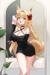 Rule 34 | 1girl, absurdres, ahoge, animal ear fluff, animal ears, bare shoulders, black choker, black dress, blonde hair, bow, breast hold, breasts, cellphone, choker, cleavage, commission, criss-cross halter, dress, fang, fankey, fox ears, fox girl, fox tail, green eyes, hair bow, halterneck, hand up, highres, holding, holding phone, large breasts, long hair, long sleeves, looking at viewer, off shoulder, open mouth, original, phone, short dress, smartphone, solo, spaghetti strap, standing, tail, thighs, tongue, tongue out, very long hair