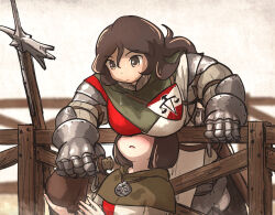 Rule 34 | 2girls, ahoge page (ironlily), armor, armored gloves, balance scale print, bent over, blush, bob cut, breast rest, breasts, breasts on head, brown capelet, brown hair, canteen, capelet, commentary, covered eyes, crest, english commentary, faulds, fence, gambeson, gauntlets, halberd, highres, ironlily, lady lucerne (ironlily), large breasts, layered armor, long hair, lucerne hammer, medieval, multiple girls, no headwear, ordo mediare sisters (ironlily), pauldrons, planted, plate armor, polearm, polehammer, sheath, sheathed, short hair, shoulder armor, surcoat, sweat, weapon, wooden fence, yuri