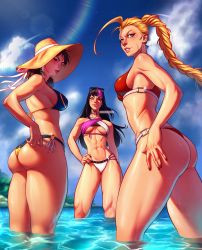 Rule 34 | 3girls, absurdres, alternate hairstyle, ass, beach, bikini, black hair, blonde hair, breasts, cammy white, capcom, chun-li, cleavage, hair down, han juri, hand on own hip, hat, highres, lens flare, looking at viewer, multiple girls, muscular, muscular female, ponytail, scar, scar on face, smile, straw hat, street fighter, sunlight, swimsuit, thighs, toned, valentina tavolilla, water