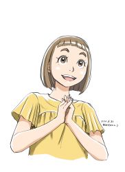 Rule 34 | 1girl, :d, artist name, blunt bangs, brown hair, dated, dwl kent, hands up, highres, interlocked fingers, looking at viewer, open mouth, own hands together, shirt, short hair, short sleeves, smile, solo, sora yori mo tooi basho, tamaki mari, upper body, yellow shirt