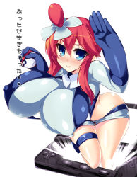 Rule 34 | 1girl, akikaze tsumuji, blue eyes, blush, breasts, creatures (company), covered erect nipples, game freak, gym leader, hair ornament, handheld game console, huge breasts, long hair, looking at viewer, nintendo, nintendo 3ds, pokemon, red hair, skyla (pokemon), smile, solo