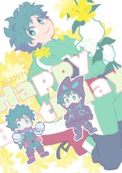 Rule 34 | 1boy, belt, bodysuit, boku no hero academia, boots, chibi, clenched hands, closed mouth, covered mouth, dated, flower, freckles, green bodysuit, green eyes, green hair, happy birthday, holding, holding flower, hood, hood up, kan (k mham1212), looking at viewer, male focus, midoriya izuku, official alternate costume, red belt, red footwear, short hair, simple background, smile, standing, white background, yellow flower