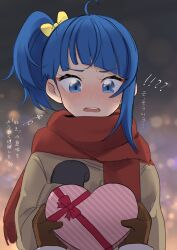 Rule 34 | 1girl, ahoge, black gloves, blue eyes, blue hair, blush, bow, box, brown coat, brown gloves, coat, commentary request, gloves, hair bow, heart-shaped box, highres, hirogaru sky! precure, long hair, mittens, open mouth, precure, red scarf, scarf, side ponytail, single sidelock, solo, sora harewataru, translation request, yellow bow, yumi san0112