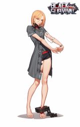 Rule 34 | 1girl, barefoot, black survival, blood, chain, chained, chain, cuffs, ear piercing, feet, full body, highres, one touch, piercing, shackles, short hair, short sleeves, shorts, solo, stretching, tag, white background
