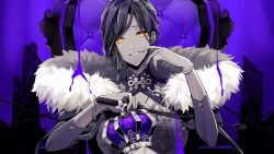Rule 34 | 1girl, black hair, breasts, cape, coat, crown, finger in own mouth, fur-trimmed cape, fur-trimmed coat, fur trim, grin, haru (haru2079), highres, holding, holding crown, king (vocaloid), large breasts, limited palette, long hair, looking at viewer, multicolored hair, nijisanji, open mouth, orange eyes, shirayuki tomoe, sitting, smile, solo, teeth, throne, unworn crown, upper body, virtual youtuber