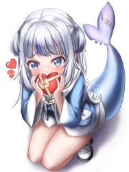 Rule 34 | 1girl, absurdres, blue dress, blue eyes, blue hair, box, commentary, covering own mouth, dress, fins, fish tail, gawr gura, gift, gift box, hair ornament, heart, heart-shaped box, highres, holding, holding gift, hololive, hololive english, hood, hood down, kuma piv, long hoodie, looking at viewer, multicolored hair, shadow, shark hair ornament, shark tail, shoes, short dress, silver hair, simple background, solo, squatting, streaked hair, tail, two side up, valentine, virtual youtuber, white background, white footwear