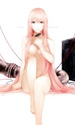 Rule 34 | 1girl, absurdres, android, blue eyes, hair censor, hair over breasts, highres, injury, katase waka, long hair, looking at viewer, megurine luka, nude, pink hair, simple background, solo, speaker, very long hair, vocaloid