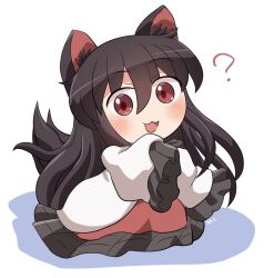 Rule 34 | 1girl, ?, animal ears, blush, brown hair, dress, frilled sleeves, frills, hair between eyes, imaizumi kagerou, long hair, open mouth, red dress, red eyes, rokugou daisuke, signature, sleeves past fingers, sleeves past wrists, solo, tail, touhou, white dress, wide sleeves, wolf ears, wolf tail