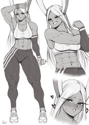 Rule 34 | 1girl, abs, absurdres, animal ears, arm up, armpits, bare shoulders, blush, boku no hero academia, bottle, breasts, cleavage, collarbone, cross-body stretch, dark-skinned female, dark skin, detached sleeves, full body, furrowed brow, greyscale, grin, heart, heart-shaped pupils, highres, holding, holding bottle, large breasts, legs, long eyelashes, long hair, looking at viewer, mirko, monochrome, multiple views, muscular, muscular female, navel, pants, rabbit ears, rabbit girl, shoes, signature, single detached sleeve, sketch, smile, sneakers, speedl00ver, sports bra, stomach, sweatdrop, symbol-shaped pupils, teeth, thick thighs, thighs, tight clothes, tight pants, very long hair, white hair, wristband, yoga pants