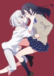 Rule 34 | 1boy, 1girl, blue socks, cardigan, eye contact, highres, kneehighs, loafers, looking at another, musco, original, plaid, plaid skirt, purple hair, red background, red eyes, school uniform, shoes, short hair, simple background, skirt, socks, white hair