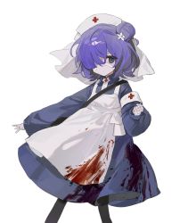 Rule 34 | 1girl, apron, bandages, blood, blood on clothes, blue dress, blue eyes, buttons, chuckdaidai, clenched hand, dress, flower, hair bun, hair flower, hair ornament, hair over one eye, hat, highres, leggings, looking to the side, mask, nurse, original, purple hair, shawl, short hair, simple background, single hair bun, solo, standing, white apron, white background, white flower