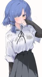 Rule 34 | 1girl, black ribbon, black skirt, blue hair, bocchi the rock!, collared shirt, covering own mouth, hand over own mouth, highres, mikozin, mole, mole under eye, neck ribbon, pleated skirt, ribbon, school uniform, see-through, see-through shirt, shirt, shirt tucked in, short hair, simple background, skirt, solo, white background, white shirt, yamada ryo, yellow eyes