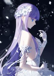 Rule 34 | 1girl, alternate costume, arm garter, backless dress, backless outfit, bare shoulders, black background, blue eyes, blurry, bow, butterfly hair ornament, closed mouth, colored eyelashes, confetti, depth of field, dress, fate/extra, fate/extra ccc, fate/grand order, fate (series), flower, from side, glove bow, gloves, hair flower, hair ornament, hand up, highres, lace collar, lens flare, lipgloss, lips, long hair, looking down, meltryllis (fate), profile, purple hair, sleeveless, sleeveless dress, solo, tobi (pixiv41237754), white bow, white dress, white flower, white gloves