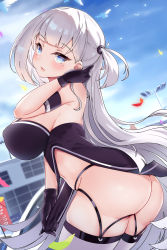 Rule 34 | 14c, 1girl, absurdres, ass, azur lane, bare shoulders, bird, black gloves, blue eyes, blue sky, blush, breasts, cloud, collarbone, covered erect nipples, day, dress, flag, gloves, highres, large breasts, long hair, looking at viewer, mole, mole under eye, navel, one side up, open mouth, outdoors, purple dress, purple gloves, race queen, revealing clothes, revision, shoukaku (azur lane), shoukaku (sororal wings) (azur lane), sideboob, sky, thighhighs, very long hair, white hair, white thighhighs