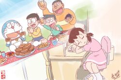 1girl 4boys ashiya_kouhei cake chair cup desk doraemon doraemon_(character) dorayaki dreaming drinking_glass food fruit glasses gouda_takeshi grapes highres holding holding_cup holding_food holding_fruit honekawa_suneo minamoto_shizuka multiple_boys nobi_nobita on_chair picnic picnic_blanket plate sleeping swivel_chair wagashi