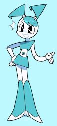 Rule 34 | 1girl, :d, android, aqua hair, blue background, blue hair, colored skin, commentary, dvampiresmile, english commentary, full body, hand on own hip, highres, jenny wakeman, joints, looking at viewer, midriff, my life as a teenage robot, navel, open mouth, robot, robot joints, short twintails, simple background, skirt, smile, solo, standing, twintails, white skin