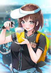 Rule 34 | 1girl, alcohol, backpack, bag, beer, beer mug, black shirt, blue eyes, blue skirt, blurry, blurry background, braid, brown hair, charlotte corday (fate), cup, dermar, fate/grand order, fate (series), heart, highres, holding, holding cup, looking at object, mug, name tag, open mouth, orange bag, people, shirt, short hair, side braid, signature, skirt, smile, solo focus, sparkle, stadium, tied shirt, visor cap