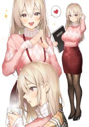 Rule 34 | 1girl, :d, adjusting hair, bad id, bad pixiv id, blush, breasts, closed mouth, coffee, coffee mug, commentary request, cup, folder, from side, hair between eyes, heart, high collar, high heels, highres, holding, holding folder, large breasts, long hair, mole, mole under mouth, mug, multiple views, office lady, open mouth, original, own hands together, pantyhose, pencil skirt, pink lips, pink sweater, platinum blonde hair, profile, ran s200, red eyes, red skirt, scarf, skirt, smile, standing, steam, sweater