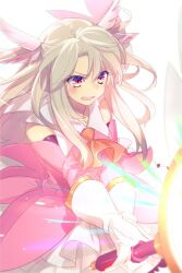 Rule 34 | 1girl, ascot, bare shoulders, blush, breasts, cape, dress, echo (circa), elbow gloves, fate/kaleid liner prisma illya, fate (series), feather hair ornament, feathers, gloves, hair ornament, illyasviel von einzbern, kaleidostick, layered gloves, long hair, magical ruby, open mouth, pink dress, pink gloves, prisma illya, red eyes, sidelocks, skirt, small breasts, two side up, wand, white cape, white gloves, white hair, white skirt
