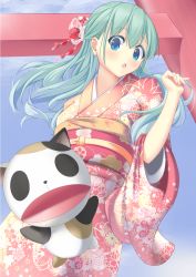 Rule 34 | 1girl, :o, alice carroll, alternate costume, alternate hairstyle, aria (manga), bananatsukis, blue eyes, cat, flower, furisode, green hair, hair between eyes, hair flower, hair ornament, highres, japanese clothes, kanzashi, kimono, long hair, looking at viewer, obi, obiage, obijime, open mouth, president maa, print kimono, raised eyebrows, red kimono, sash, sleeves pushed up, solo, surprised, torii, upper body, wide sleeves