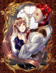 Rule 34 | 1boy, 1girl, bare shoulders, blurry, blurry background, brown hair, cygnus 186, dancing, elbow gloves, eye contact, gilbert eisenshudel, gloves, hand on another&#039;s cheek, hand on another&#039;s face, hetero, indoors, long hair, long sleeves, looking at another, pixiv fantasia, pixiv fantasia last saga, pyrite alchemist ripley, red eyes, red hair, scar, stained glass, very long hair, white gloves, yellow eyes