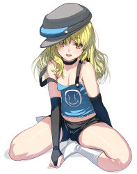 Rule 34 | 1girl, beret, bike shorts, blonde hair, breasts, bridal gauntlets, choker, elbow gloves, gloves, hat, highres, kouno (masao), looking at viewer, open mouth, orange eyes, original, photoshop (medium), revision, sitting, small breasts, socks, solo, strap slip, white background