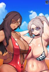 Rule 34 | 2girls, areola slip, beach, bikini, breasts, brown hair, choker, cloud, commentary, dark skin, dated, english commentary, green eyes, large breasts, long hair, looking at viewer, multiple girls, nachtness, one-piece swimsuit, original, parted lips, red eyes, signature, sky, sunglasses, swimsuit