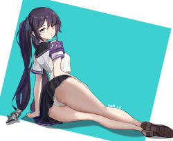 Rule 34 | 1girl, absurdres, alternate costume, aqua background, arm support, armband, ass, bare legs, black hair, black ribbon, black skirt, breasts, brown footwear, chinese commentary, commentary, dated, english commentary, expressionless, from behind, full body, genshin impact, green eyes, hair between eyes, hair ribbon, highres, legs, long hair, looking at viewer, looking back, lying, medium breasts, midriff peek, miniskirt, mixed-language commentary, mona (genshin impact), nico-weiyan, on side, panties, parted lips, pleated skirt, ribbon, sailor collar, shirt, shoes, short sleeves, signature, simple background, skirt, solo, thighs, twintails, underwear, upskirt, white panties, white shirt