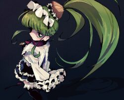 Rule 34 | 1girl, acme iku, black background, black skirt, black thighhighs, bright pupils, closed mouth, commentary, english commentary, eyelashes, food-themed hair ornament, frilled shirt, frilled skirt, frilled thighhighs, frills, from above, green eyes, green hair, hair ornament, kitchupsandwich, kneeling, long hair, looking at viewer, maid headdress, maidloid, onion, ponytail, red ribbon, ribbon, shirt, simple background, skirt, smile, solo, thighhighs, very long hair, vocaloid, white pupils, white shirt