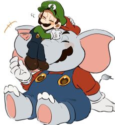 Rule 34 | 2boys, animal ears, barefoot, blue eyes, blue overalls, brothers, brown footwear, brown hair, cabbie hat, elephant boy, elephant ears, elephant mario, elephant tail, facial hair, hat, highres, initial, letter print, luigi, male focus, mario, mario (series), mimimi (mimimim9999), multiple boys, mustache, nintendo, outstretched arms, overalls, siblings, super mario bros. wonder