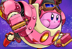 Rule 34 | blush stickers, colored skin, copyright name, goggles, goggles on head, kirby, kirby: planet robobot, kirby (series), mechanical arms, mechanical legs, nintendo, no humans, pink skin, robobot armor, robot, signature, solid oval eyes, star (sky), wackybee