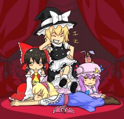 Rule 34 | 4girls, :&lt;, alice margatroid, black hair, blonde hair, blush, boots, bow, capelet, crescent, crescent moon, drink, closed eyes, female focus, frown, grin, hair bow, hairband, hakurei reimu, hat, k0n3k0, kirisame marisa, lying, moon, multiple girls, patchouli knowledge, pimp, purple hair, ribbon, short hair, sitting, sitting on person, smile, touhou, witch, witch hat