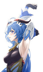 Rule 34 | 1girl, absurdres, ahoge, armpits, arms up, bell, blue hair, blush, breasts, cowbell, detached sleeves, from side, ganyu (genshin impact), genshin impact, gloves, highres, horns, looking at viewer, medium breasts, momu (su), open mouth, purple eyes, sideboob, simple background, sleeveless, smile, solo, stretching, surprised, upper body, white background