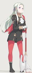 Rule 34 | 1girl, absurdres, ascot, axe, blonde hair, blue eyes, cape, edelgard von hresvelg, fire emblem, fire emblem: three houses, full body, gloves, grimmelsdathird, hair ornament, hair ribbon, highres, long hair, looking at viewer, nintendo, pantyhose, red pantyhose, ribbon, simple background, smile, solo, uniform, weapon, white background