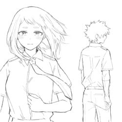 Rule 34 | 1boy, 1girl, arms at sides, artist request, blush, boku no hero academia, breasts, collared shirt, cowboy shot, facing away, facing to the side, facing viewer, from behind, greyscale, hand on own stomach, highres, large breasts, looking at viewer, midoriya izuku, monochrome, necktie, pants, profile, school uniform, shirt, short hair, short sleeves, simple background, source request, split mouth, tareme, thick eyebrows, u.a. school uniform, uniform, upper body, uraraka ochako, very short hair, white background, wind