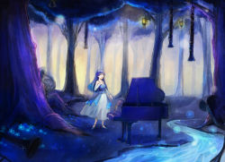 Rule 34 | 1girl, bad id, bad pixiv id, blue hair, clarinet, colorful, detached sleeves, dress, flower, forest, french horn, grand piano, idolmaster, idolmaster (classic), instrument, kisaragi chihaya, lantern, long hair, multicolored hair, music, nature, oboe, open mouth, outdoors, piano, pos (shiratama-ya), scenery, singing, solo, stream, surreal, trombone, two-tone hair