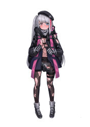 Rule 34 | 1girl, belt, beret, black hat, black jacket, black pantyhose, blue eyes, blush, bow, bow panties, breasts, chain, commentary request, frown, full body, girls&#039; frontline, gloves, grey gloves, grey hair, hands up, hat, heterochromia, highres, jacket, kuro (zhurunbo1997), long hair, long sleeves, mdr (girls&#039; frontline), medium breasts, midriff, multicolored hair, navel, panties, pantyhose, pink eyes, pink hair, side ponytail, sidelocks, simple background, solo, stitching, strap, streaked hair, tactical clothes, thigh strap, torn clothes, torn pantyhose, underwear, white background, white panties, zipper
