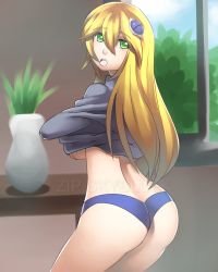 Rule 34 | 1girl, arc system works, ass, blazblue, blonde hair, blush, from behind, green eyes, hair ornament, hairpods, highres, long hair, looking at viewer, noel vermillion, open mouth, panties, solo, underwear, undressing, zipskyblue