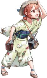 Rule 34 | 1girl, burnt clothes, depth charge, food, food on face, full body, green kimono, hair rings, hat, hozuka (kadokawa), japanese clothes, kaiboukan no. 4 (kancolle), kantai collection, kimono, low twintails, official art, open mouth, red eyes, red hair, sandals, seed, torn clothes, transparent background, turret, twintails, watermelon seeds, yukata