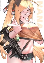 Rule 34 | 1girl, 5.56x45mm nato, adjusting clothes, ammunition, assault rifle, black shorts, blonde hair, blush, br18, breasts, bullet, bullpup, carbine cartridge, character name, cowboy shot, dmr cartridge, dolphin shorts, glasses, gun, hair ribbon, highres, intermediate cartridge, lmg cartridge, medium breasts, midriff, nana (xerbatt), navel, neptune zx, one eye closed, original, pointing, pointing at viewer, prototype design, ribbon, rifle, rifle cartridge, see-through, see-through shirt, shorts, side ponytail, smile, solo, st kinetics bmcr, steyr aug, weapon, white background