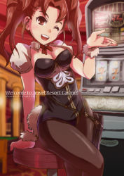 Rule 34 | 10s, 1girl, animal ears, blush, breasts, brown hair, rabbit tail, cleavage, detached collar, extra, granblue fantasy, jewel resort bunnygirl, looking at viewer, one eye closed, pantyhose, playboy bunny, satomura kyou, short hair, solo, tail, twintails, wristband