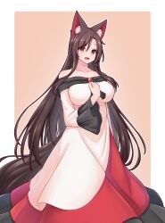 Rule 34 | 1girl, :d, animal ear fluff, animal ears, bare shoulders, border, breasts, brown background, brown hair, dress, hashi2387, highres, imaizumi kagerou, large breasts, long hair, long sleeves, looking at viewer, off-shoulder dress, off shoulder, open mouth, red eyes, smile, solo, tail, touhou, white border, white dress, wolf ears, wolf girl, wolf tail
