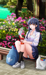 Rule 34 | 1girl, absurdres, backpack, bag, bench, blue hair, blue skirt, blunt bangs, boku no kokoro no yabai yatsu, bottle, bra, bra visible through clothes, breasts, brown eyes, cleavage, crossed legs, dark blue hair, dated, flower, food, food in mouth, green panties, highres, holding, holding bottle, holding food, holding pocky, long hair, medium breasts, miniskirt, nihility, on bench, outdoors, panties, pink bra, plastic bottle, pleated skirt, pocky, pocky in mouth, pond, see-through, see-through shirt, shirt, signature, sitting, skirt, solo, straight hair, thighs, underwear, upskirt, water bottle, wet, wet clothes, wet shirt, white shirt, yamada anna
