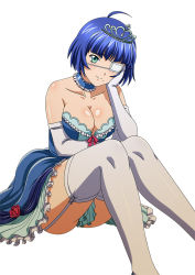 Rule 34 | 1girl, ahoge, artist request, bare shoulders, blue hair, breasts, cleavage, dress, eyepatch, frills, garter belt, gloves, green eyes, ikkitousen, looking at viewer, mole, mole under mouth, neck garter, ribbon, ryomou shimei, short hair, simple background, sitting, smile, source request, thighhighs, tiara, white thighhighs